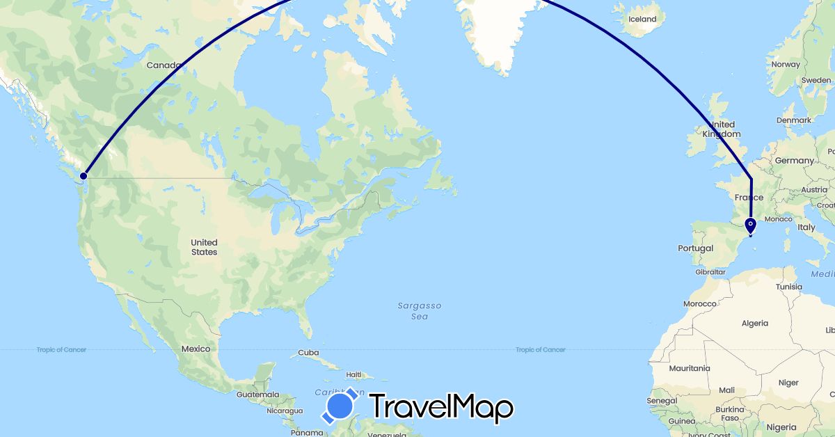 TravelMap itinerary: driving in Canada, Spain, France (Europe, North America)